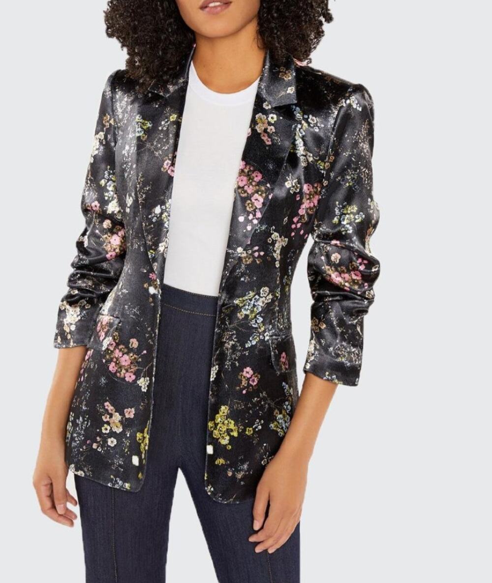 Cinq à Sept Black Kylie Floral Print Satin Soft Jacket S Wearable Art Baroque